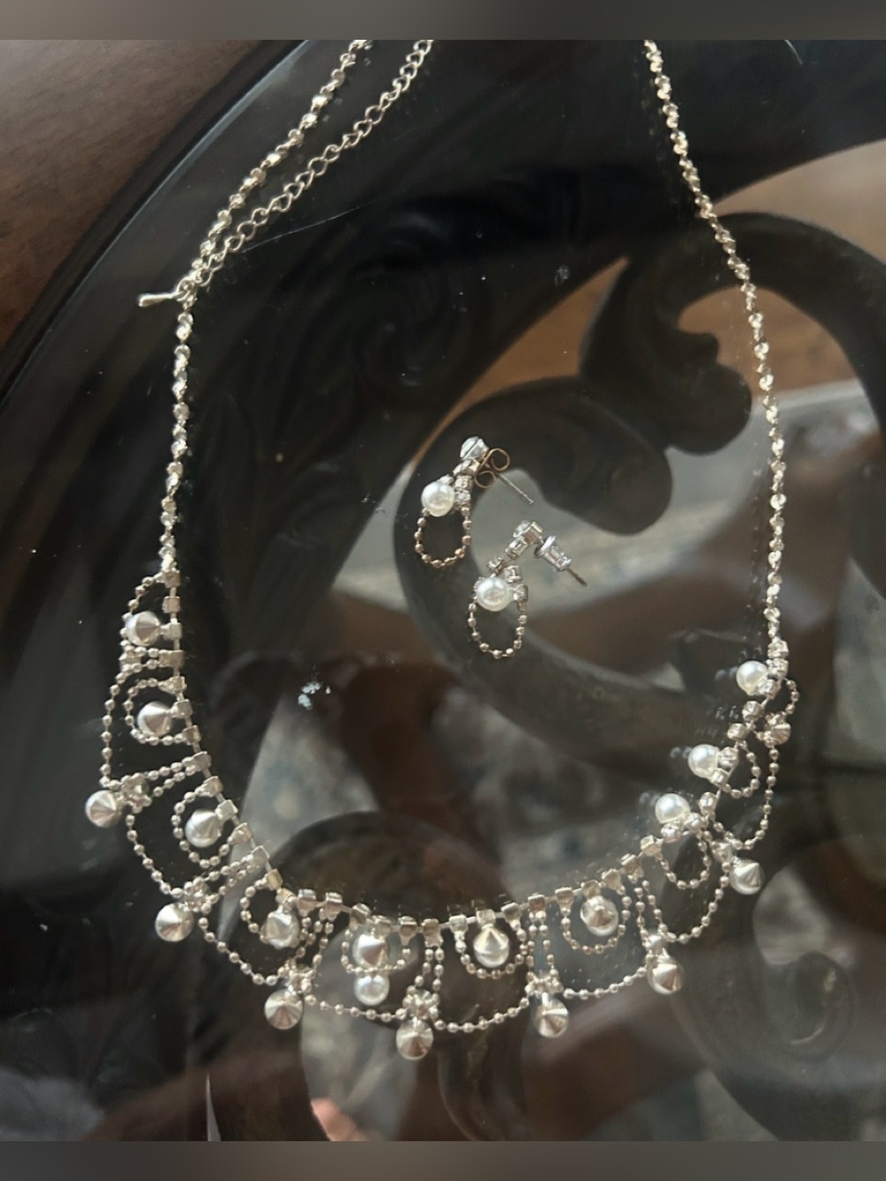 Silver Pearl Accent Necklace and Earring Set